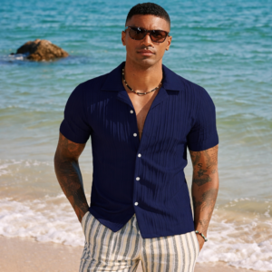 Premium Navy Blue Ribbed Summer Shirt for Men | Stylish Beachwear & Casual Wear