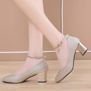 Elegant Gold Ankle Strap Block Heel Sandals for Women | Party & Festive Footwear